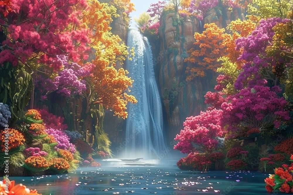 Beautiful Paradise Land with Flower and Waterfall created with Generative AI Beautiful Paradise Land with Flower and Waterfall created with Generative AI