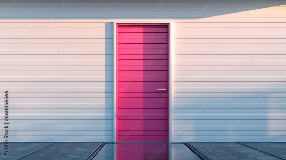 Obraz premium sleek, hot pink door on a modern minimalist house with white walls and clean lines, reflecting the early morning sun