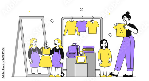 Girls in clothing store. Woman and daughters pick out dresses and reconcile in front of mirror. Fashion, trend and style. Shoppers in boutique or shopping center. Linear flat vector illustration