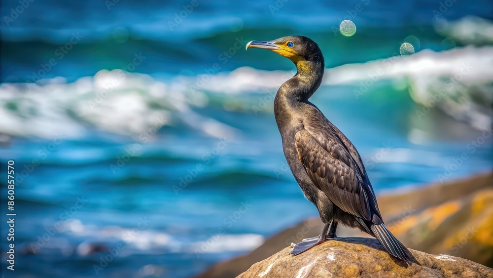 Fototapeta premium A close-up photo of a Brandt's cormorant perched on a rock by the ocean, bird, wildlife, nature, seabird, marine, coastal, feathers