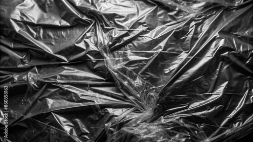 Textured and Wrinkled Plastic Wrap Fully Covering a Surface on a Black Background. Detailed Macro Shot Showcasing the Intricate Patterns and Reflective Properties of the Material.