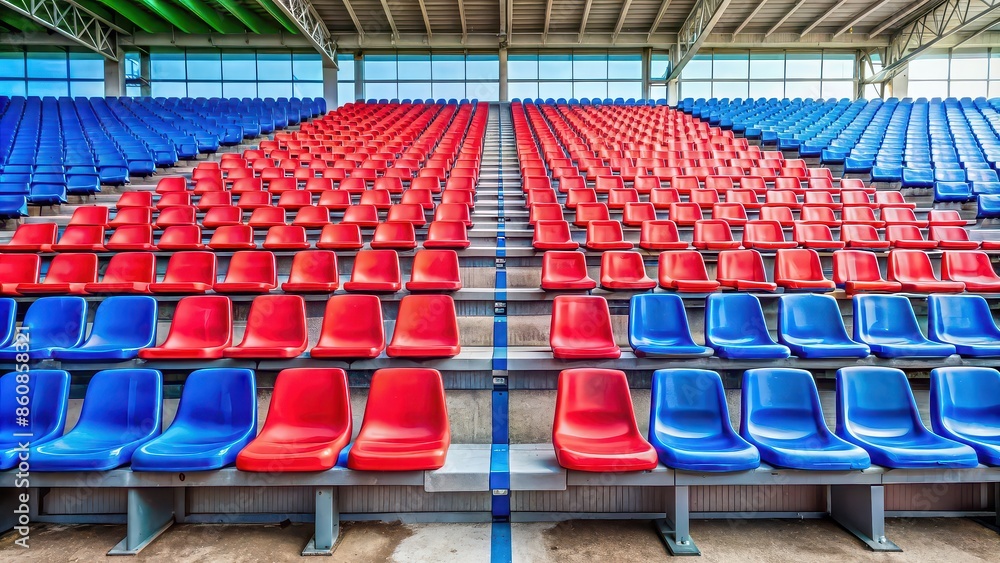 Fototapeta premium Bench in a football stadium with red and blue seats, sports, stadium, seating, red, blue, empty, arena, soccer
