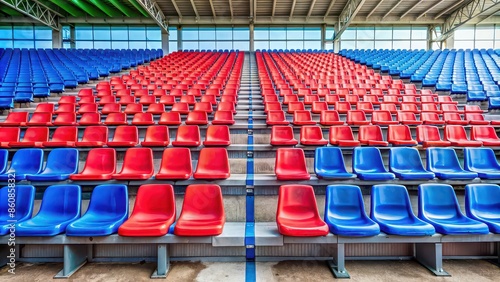 Bench in a football stadium with red and blue seats, sports, stadium, seating, red, blue, empty, arena, soccer