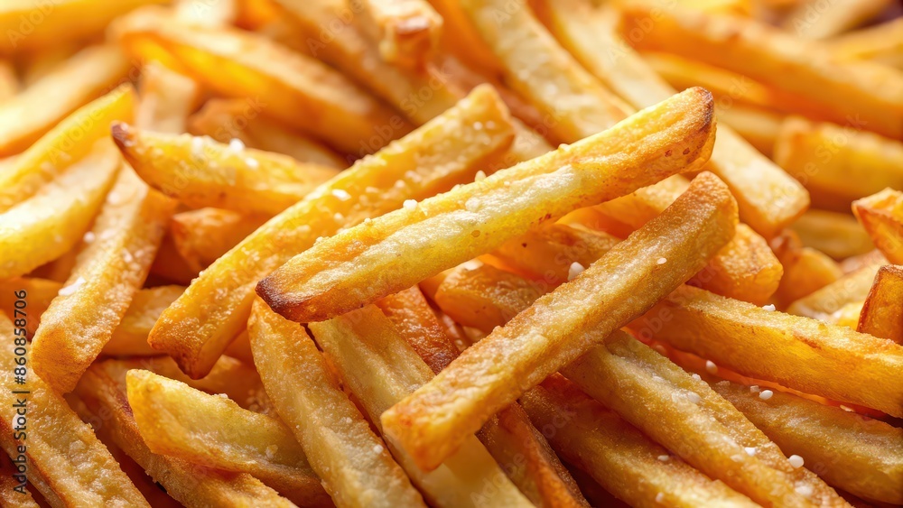 Close up of salty french fries, salty, crispy, unhealthy, snack, fast food, golden, delicious, greasy, potato Close up of salty french fries, salty, crispy, unhealthy, snack, fast food, golden, delicious, greasy, potato