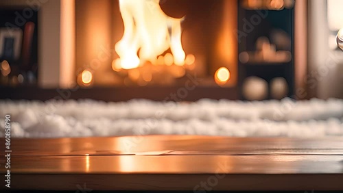 Wooden Tabletop With Cozy Fireplace Background Generative AI