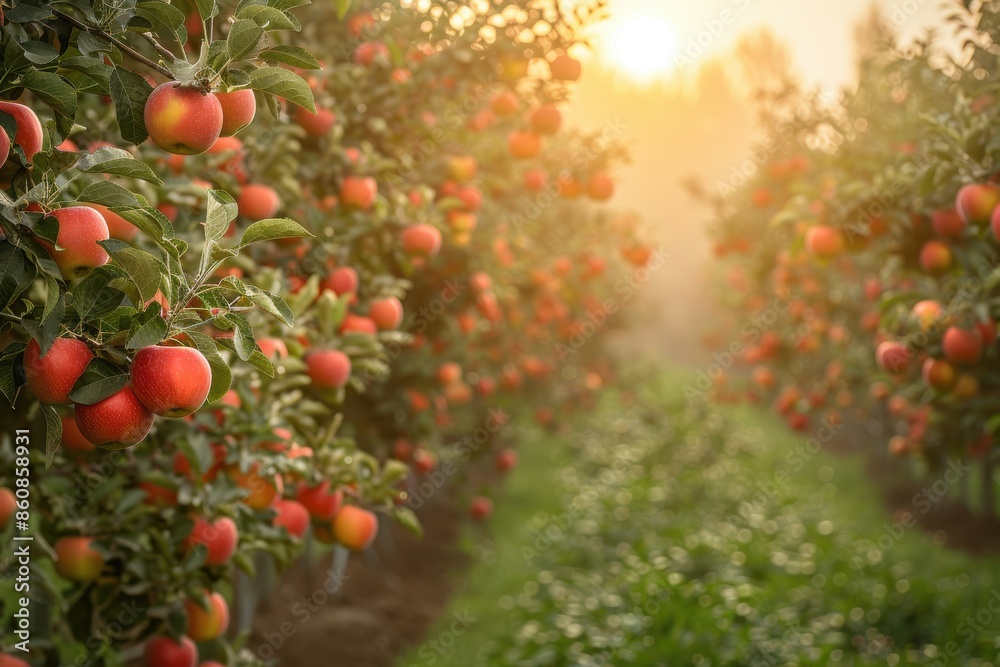 A row of red apples hanging from a tree