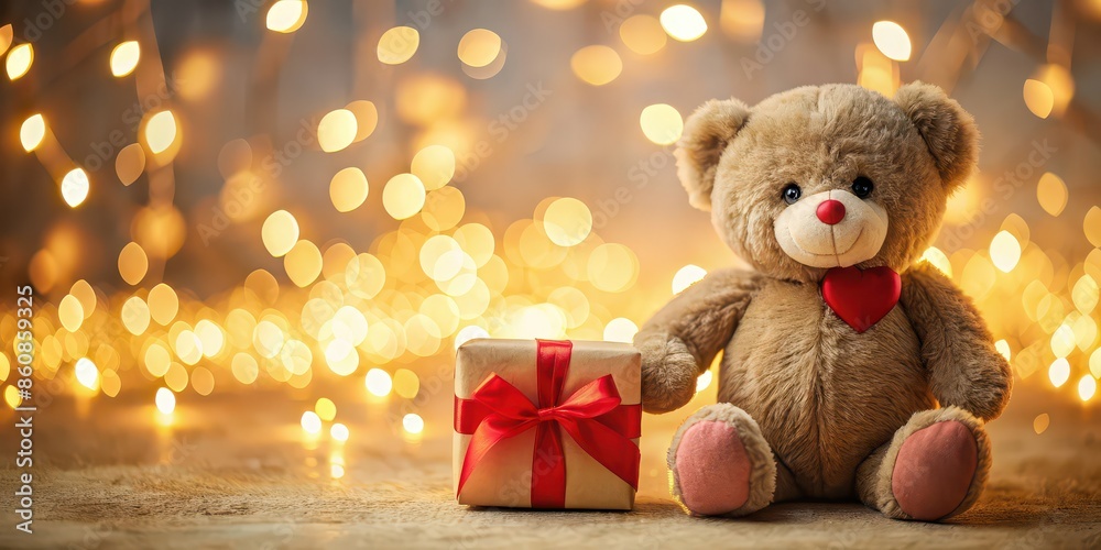 Cozy teddy bear with heart and gift box in warm bokeh light background evoking feelings of love and comfort, Teddy bear, heart Cozy teddy bear with heart and gift box in warm bokeh light background evoking feelings of love and comfort, Teddy bear, heart