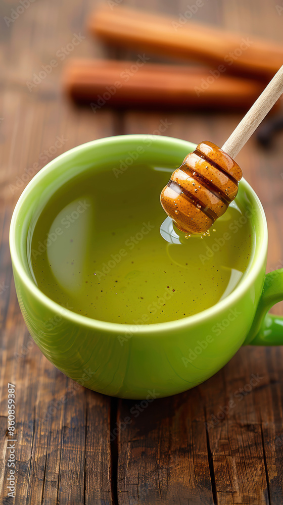 A green mug with honey in it sits on a wooden table A green mug with honey in it sits on a wooden table