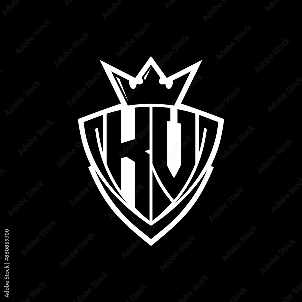 KV Letter logo with sharp triangle shield shape with crown inside white outline on black background template design KV Letter logo with sharp triangle shield shape with crown inside white outline on black background template design