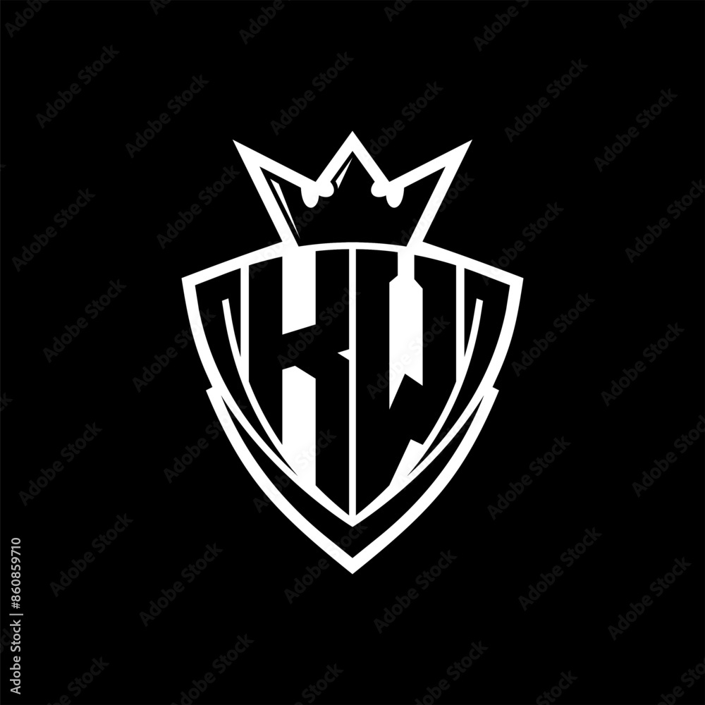 KW Letter logo with sharp triangle shield shape with crown inside white outline on black background template design KW Letter logo with sharp triangle shield shape with crown inside white outline on black background template design