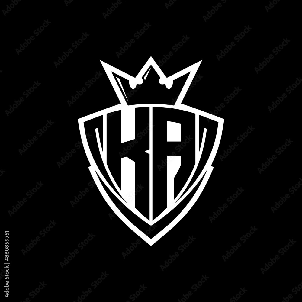 KA Letter logo with sharp triangle shield shape with crown inside white outline on black background template design KA Letter logo with sharp triangle shield shape with crown inside white outline on black background template design