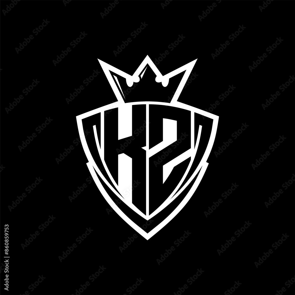 KZ Letter logo with sharp triangle shield shape with crown inside white outline on black background template design KZ Letter logo with sharp triangle shield shape with crown inside white outline on black background template design