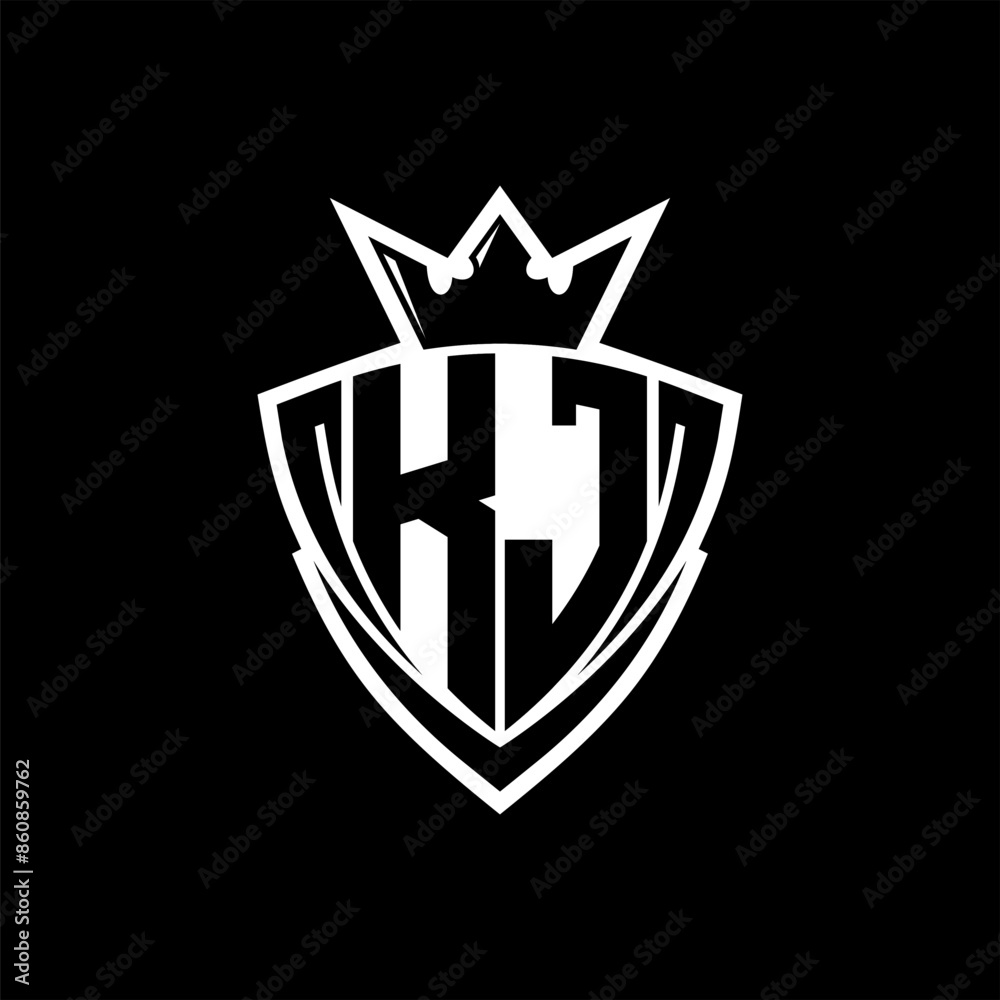 KJ Letter logo with sharp triangle shield shape with crown inside white ...
