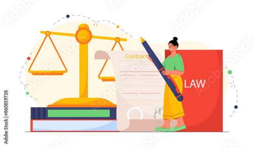 Notarial services concept. Woman with pencil next to scales and law book. Legal assistance and support of business deals and agreements. Cartoon flat vector illustration