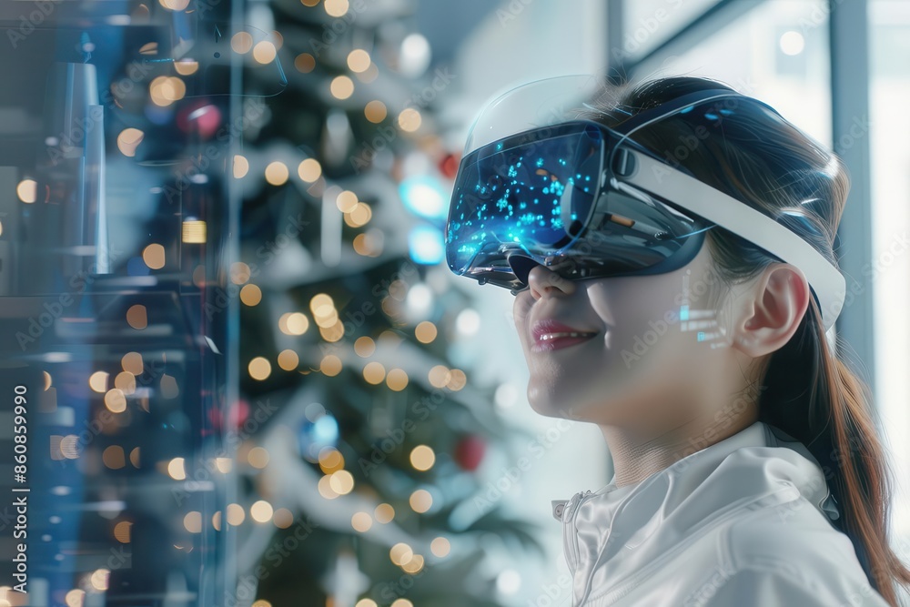 aipowered smart office with holographic decorations augmented reality christmas tree futuristic workspace cheerful employee with neural interface headset