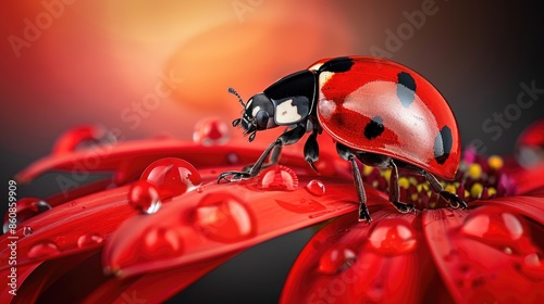 ladybug on red flower petal with water drops close up, A ladybug sitting on a red flower on blurred background