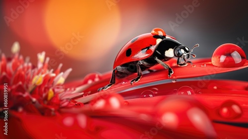 ladybug on red flower petal with water drops close up, A ladybug sitting on a red flower on blurred background