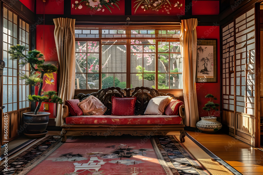 A traditional Japanese living room with a red couch, ornate rug, and large windows overlooking a lush garden. A traditional Japanese living room with a red couch, ornate rug, and large windows overlooking a lush garden.