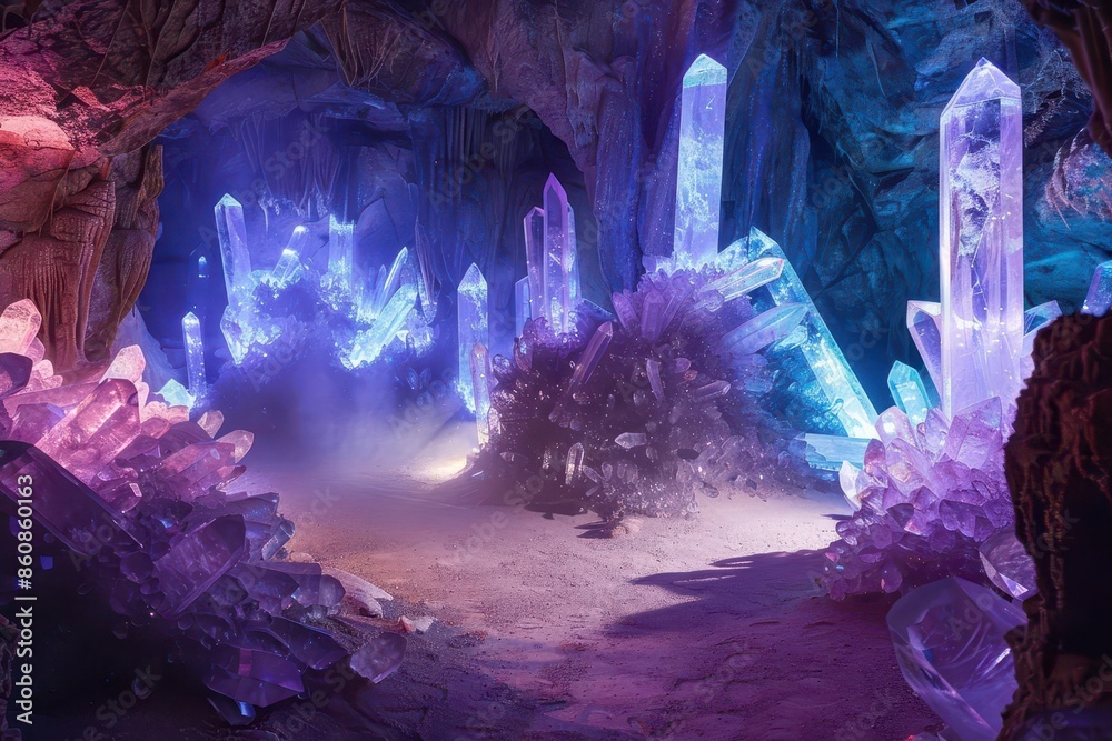 alien crystal cavern with bioluminescent flora towering quartz ...