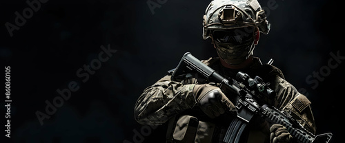 A soldier in camouflage gear holding a rifle.