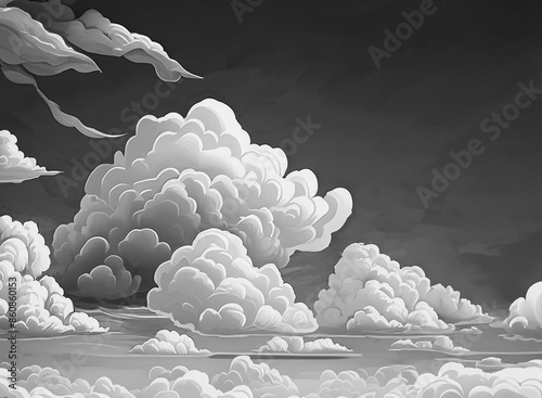 Cumulonimbus clouds floating in the summer sky in monochrome