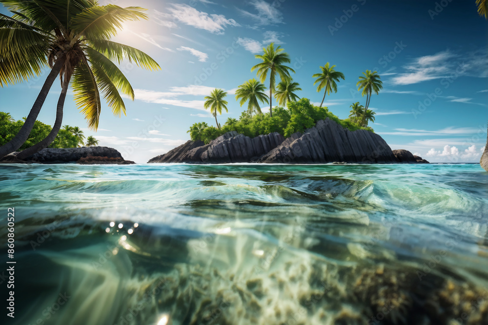 Fototapeta premium Tropical paradise dual-view, crystal waters meet vibrant palms