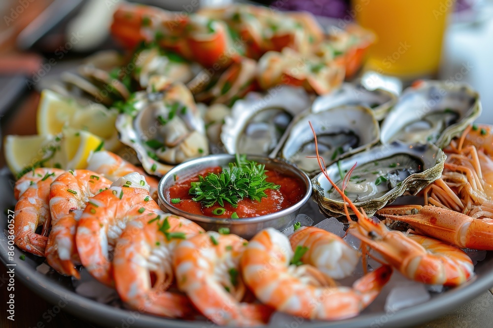 A plate of seafood with shrimp, oysters, and crab legs A plate of seafood with shrimp, oysters, and crab legs