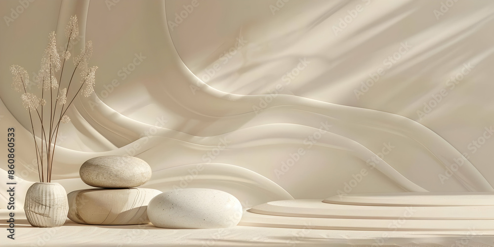Minimalist scene with white stones, vase and fabric. Minimalist scene with white stones, vase and fabric.