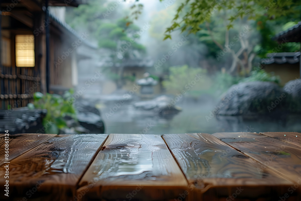 Tranquil view of a Japanese garden with wooden decking in the foreground, surrounded by mist, greenery, and traditional architecture.