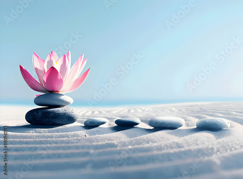 Tranquil Zen garden with stacked pebbles and a blooming pink lotus, symbolizing peace, balance, and harmony amidst a calm sand landscape.