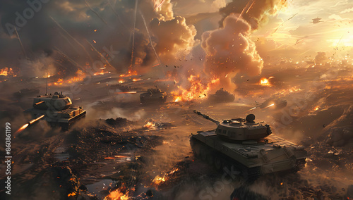 A battlefield scene with tanks and explosions, the sky filled with smoke and fire.