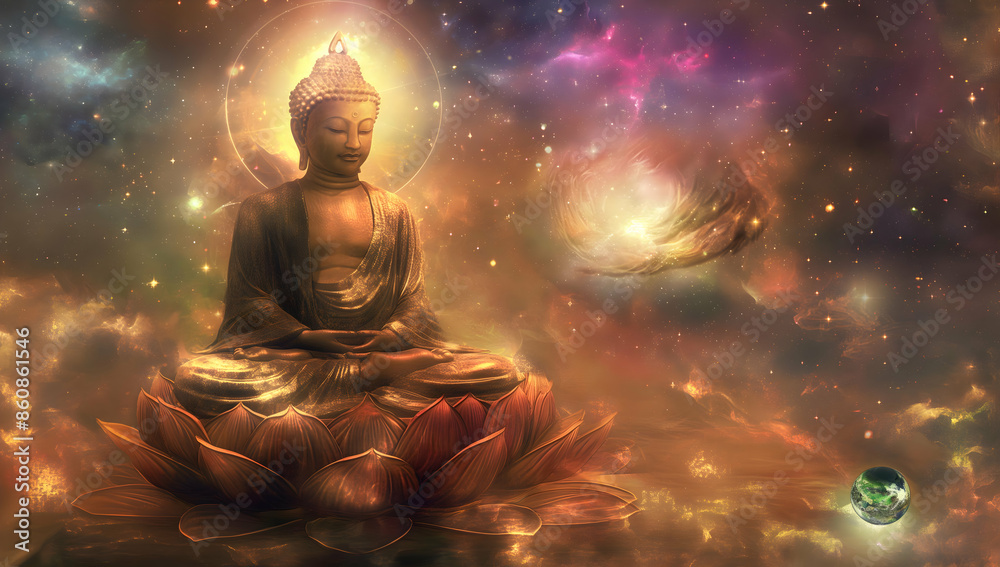 A serene Buddha figure meditating in a cosmic landscape, surrounded by swirling galaxies and celestial energy. A serene Buddha figure meditating in a cosmic landscape, surrounded by swirling galaxies and celestial energy.