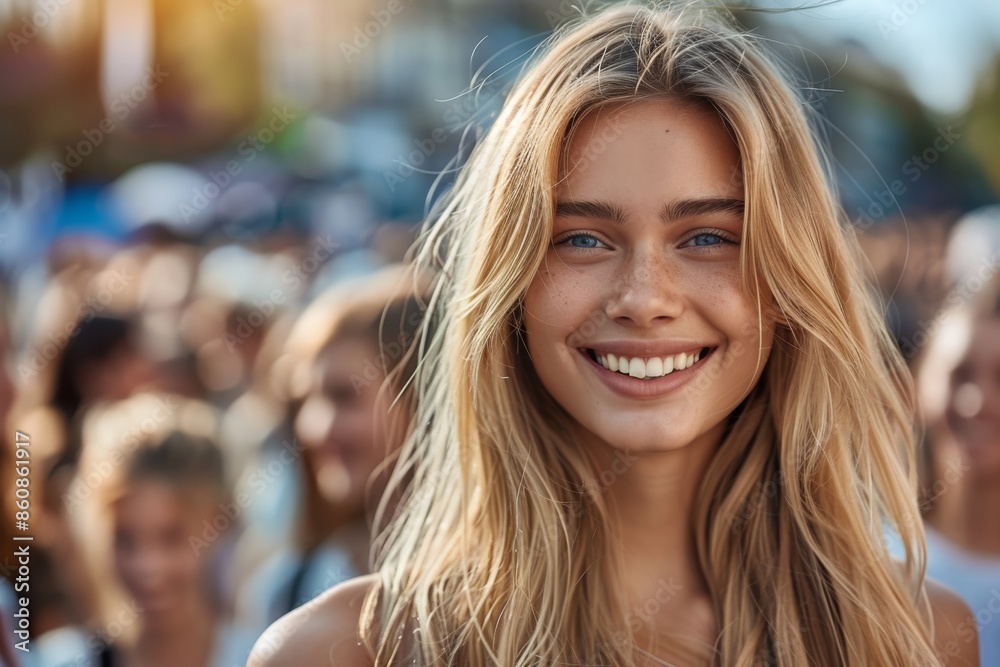 Blonde Woman Smiling at Public Event - Joyful Crowd - Concept of Social Happiness Blonde Woman Smiling at Public Event - Joyful Crowd - Concept of Social Happiness