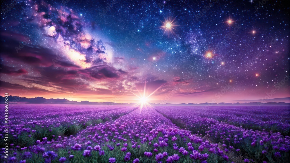 Obraz premium Purple field of flowers with stars in the sky, nature, landscape, night sky, purple flowers, twilight, beautiful, serene