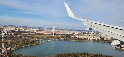 Airline wing with view of Washington DC in the background