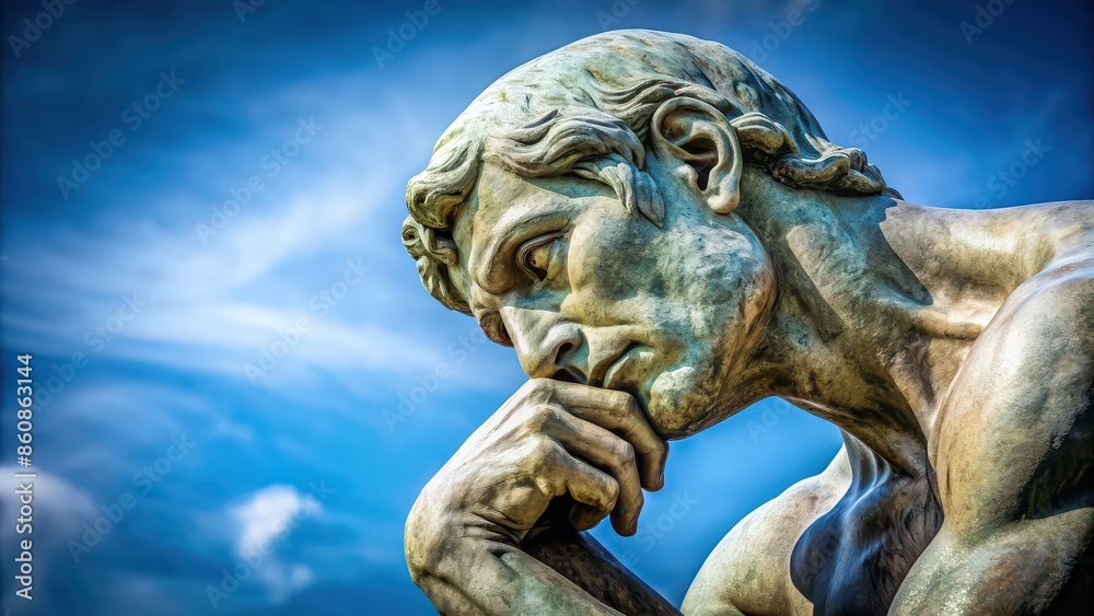 A close-up shot of a pensive thinker statue with hand on chin, contemplation, sculpture, deep in thought A close-up shot of a pensive thinker statue with hand on chin, contemplation, sculpture, deep in thought