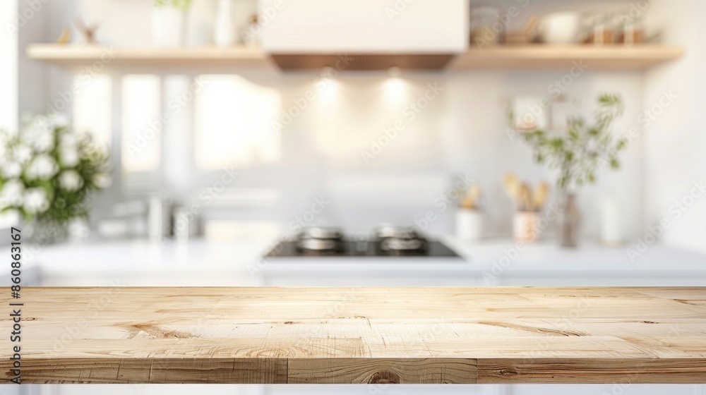 Kitchen table top for product display with blurred modern interior Kitchen table top for product display with blurred modern interior