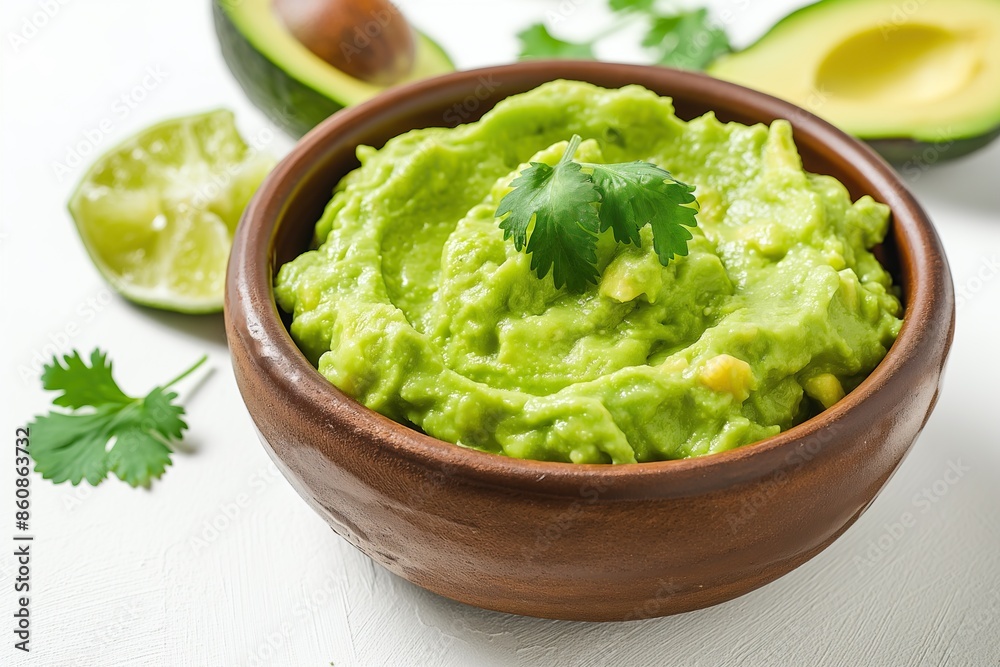 Guacamole in a plate isolated on white background Guacamole in a plate isolated on white background