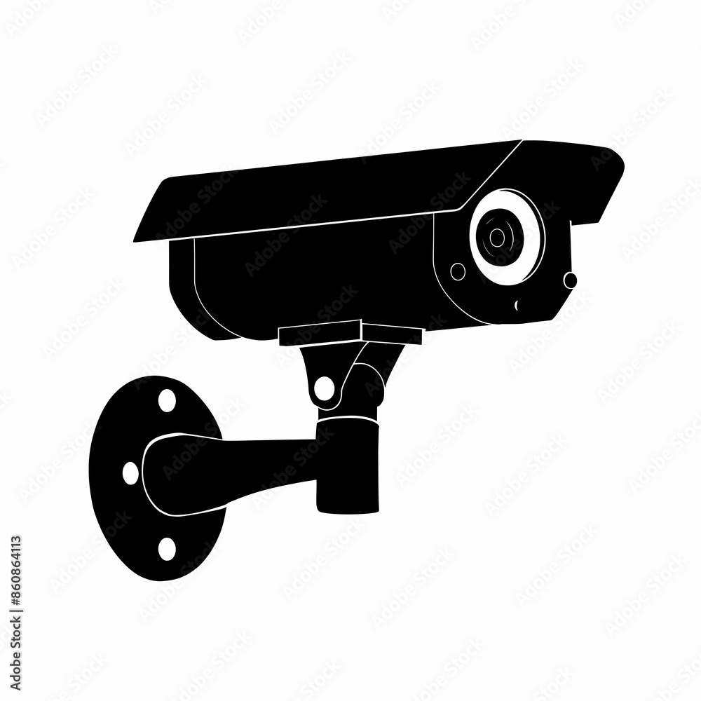 A black and white illustration of a security camera mounted on a wall. A black and white illustration of a security camera mounted on a wall.