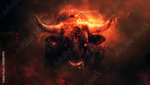 A bull with flames engulfing its head, a powerful and fiery image symbolizing strength and determination. photo