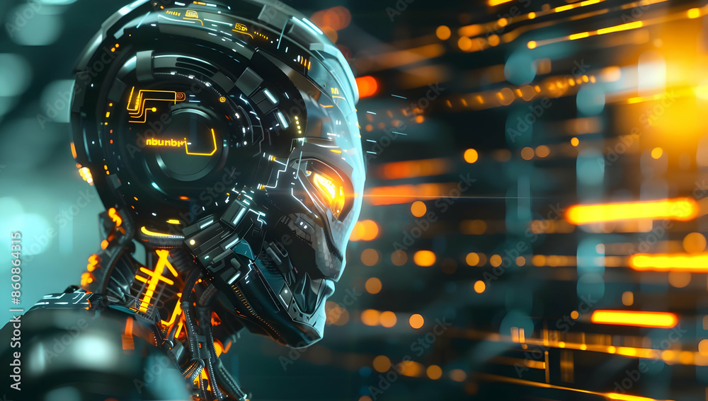 A futuristic android with glowing eyes and intricate circuitry, set against a background of digital code. A futuristic android with glowing eyes and intricate circuitry, set against a background of digital code.
