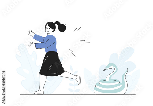 Woman scary snake. Girl runs away from snake in terror. Negative feelings and emotions, panic. Fear of lizards and serpent, herpetophobia. Linear flat vector illustration