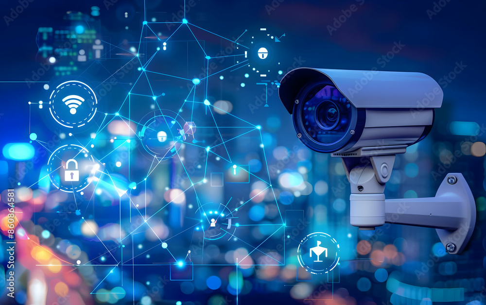 A security camera with a futuristic, interconnected network of data and security icons, representing modern surveillance technology. A security camera with a futuristic, interconnected network of data and security icons, representing modern surveillance technology.