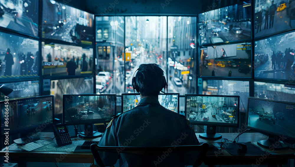 A security guard monitors multiple screens displaying live footage of a busy city street. A security guard monitors multiple screens displaying live footage of a busy city street.