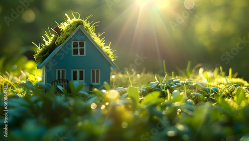 A miniature blue house with a moss roof sits in a field of green grass, bathed in the warm glow of the sun.