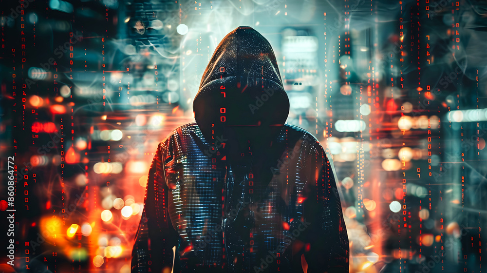 Mysterious hooded figure silhouetted against a backdrop of a futuristic digitally enhanced urban landscape symbolizing the threat of cyber attacks and digital crime in the modern era Mysterious hooded figure silhouetted against a backdrop of a futuristic digitally enhanced urban landscape symbolizing the threat of cyber attacks and digital crime in the modern era