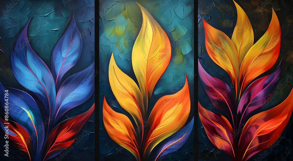 Abstract art triptych featuring vibrant blue, yellow and purple leaves. Abstract art triptych featuring vibrant blue, yellow and purple leaves.