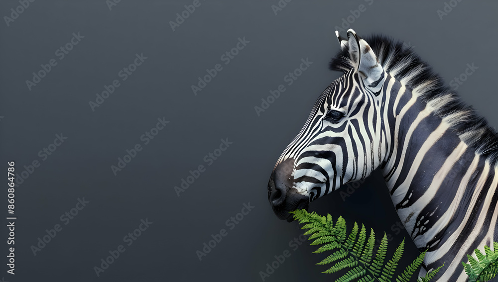 A zebra with black and white stripes looks to the left, its head tilted slightly. Green leaves are in the foreground. The background is a solid grey. A zebra with black and white stripes looks to the left, its head tilted slightly. Green leaves are in the foreground. The background is a solid grey.