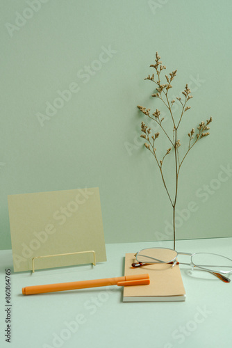 Obraz na płótnie Workspace note, memo pad, eyeglasses, pen, dry flower on mint green desk background w salonie