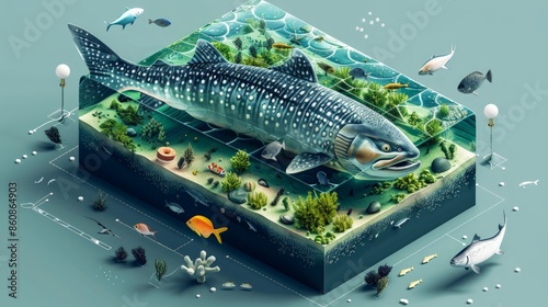 the principles of sustainable fishing, showing fish populations, fishing quotas, and marine protected areas within an environmental science context photo